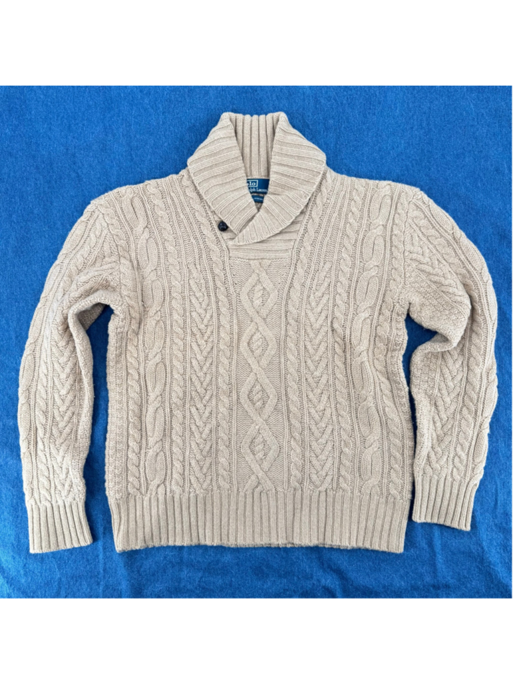 Polo Ralph Lauren Tan Cableknit Sweater 100% Lambswool Vintage Fisherman Shawl S